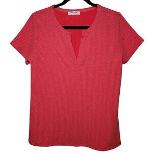 Zenana Waffle Knit Short Sleeve V-Neck Tee Heathered Red Small Boho Minimalist